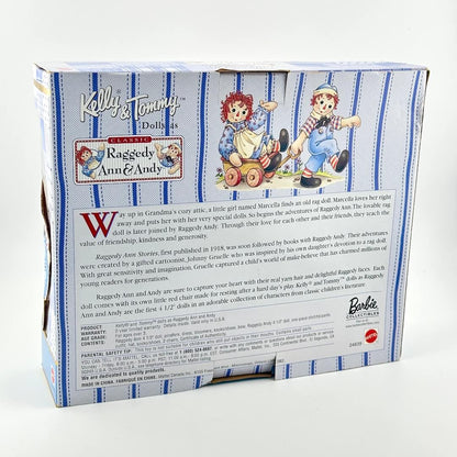 Box packaging for Raggedy Ann & Andy dolls with illustrations and text on a white background