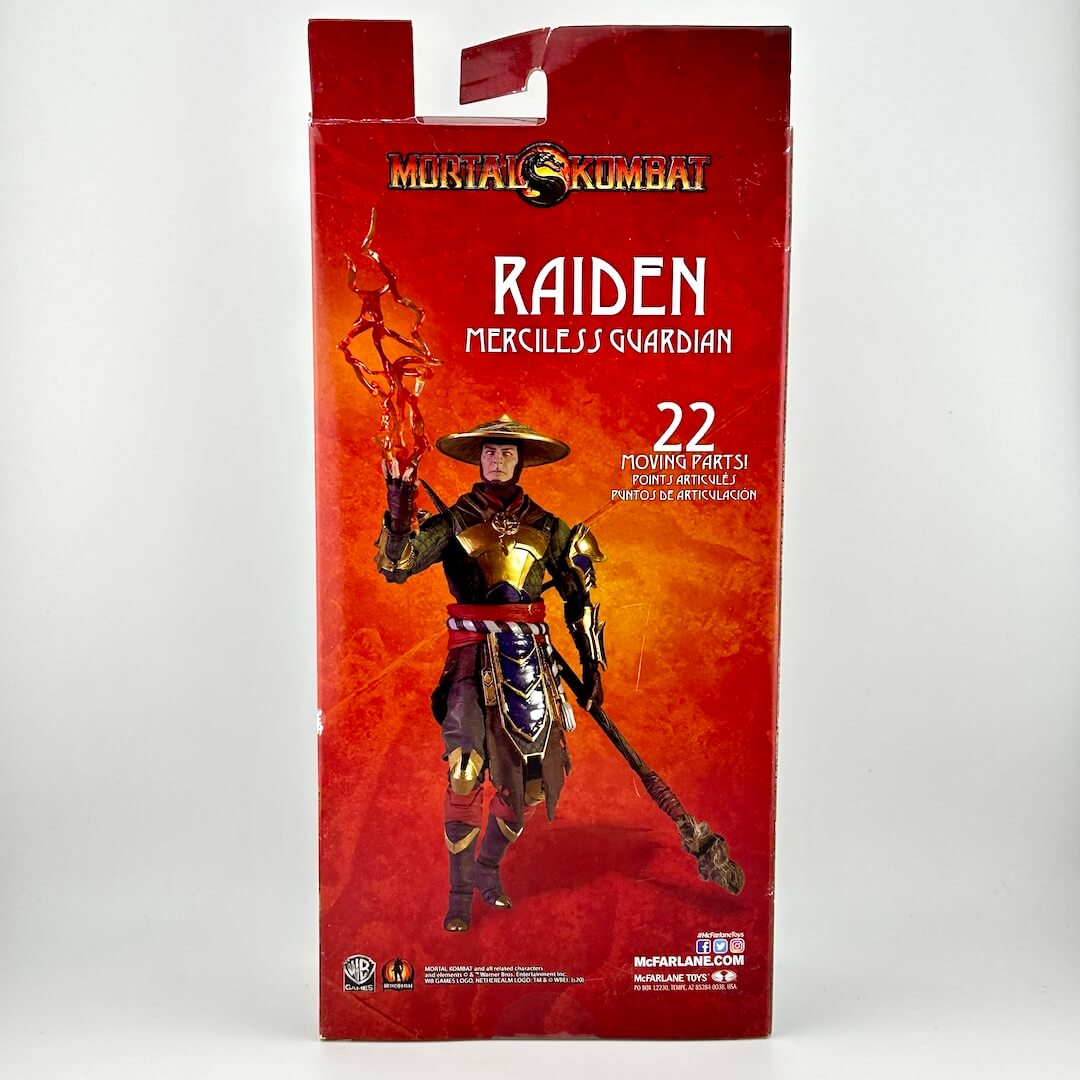 Mortal Kombat Raiden Merciless Guardian toy action figure in its original red packaging box.
