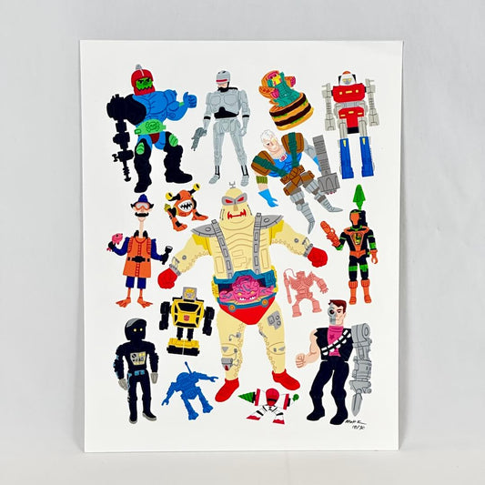 A vertical art print featuring a colorful collage of retro sci-fi and action figure characters on a white background.