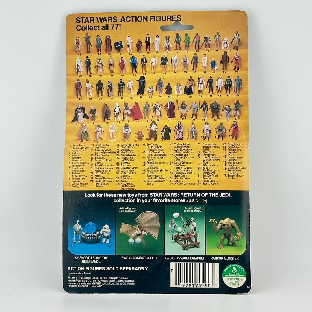 Star Wars action figures packaging with character list on a yellow background
