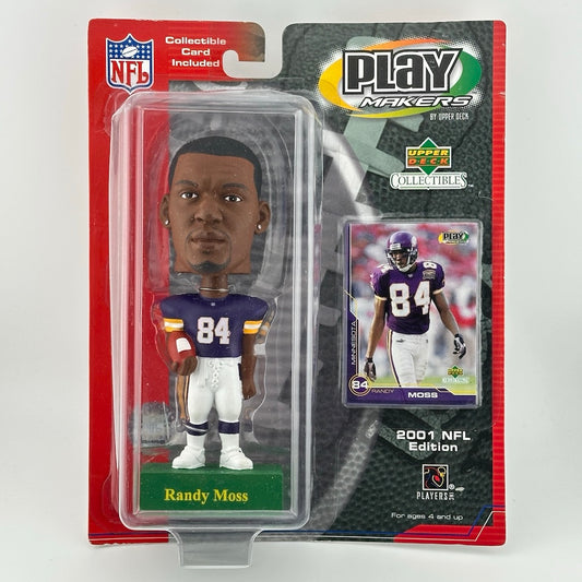 Package with plastic blister with bobblehead of Moss in purple Vikings uniform. 
