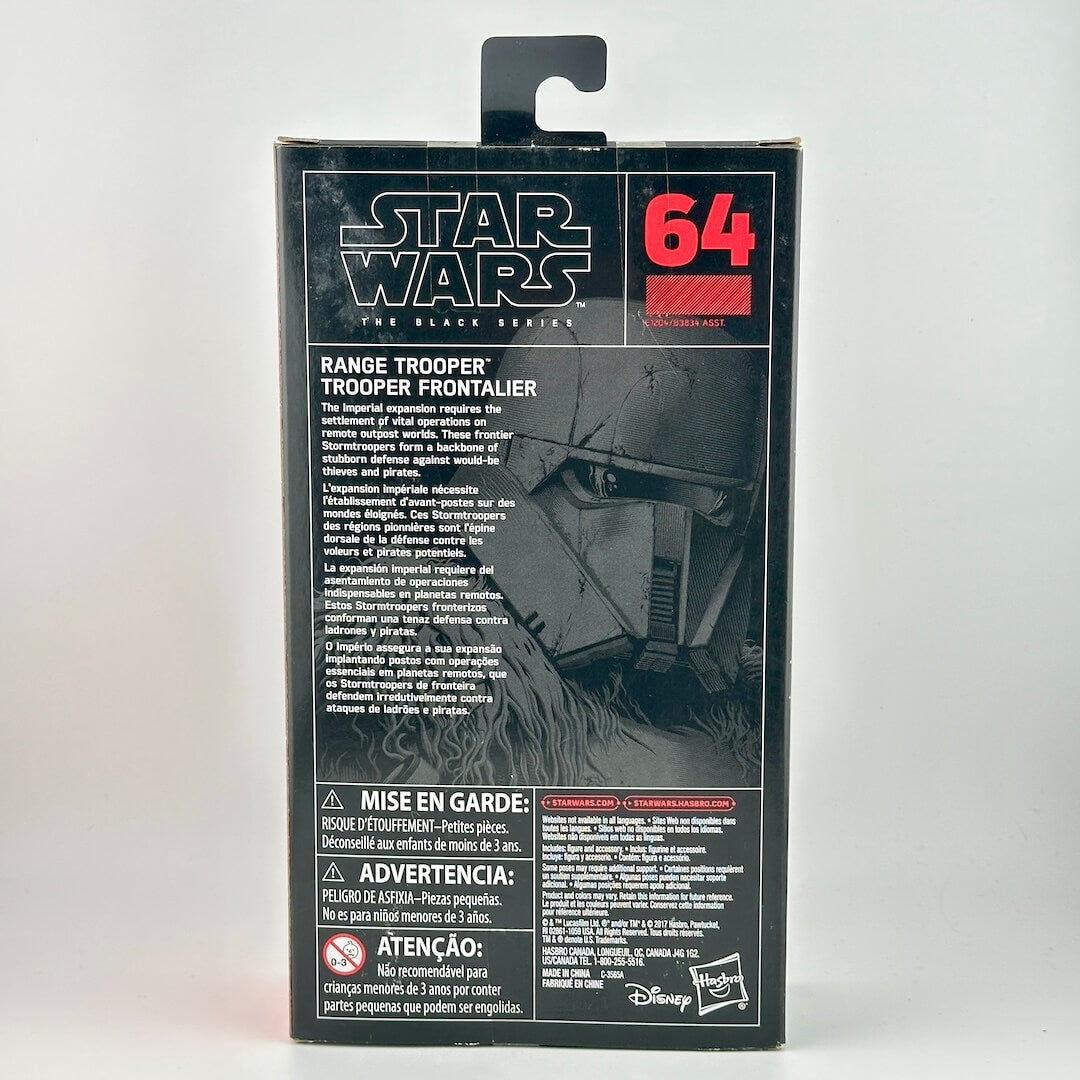 Star Wars The Black Series 64 Range Trooper Trooper action figure box back, showing product details.