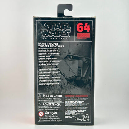 Star Wars The Black Series 64 Range Trooper Trooper action figure box back, showing product details.