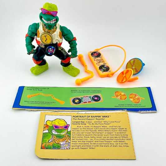 Toy figure with accessories and character information card on a white background