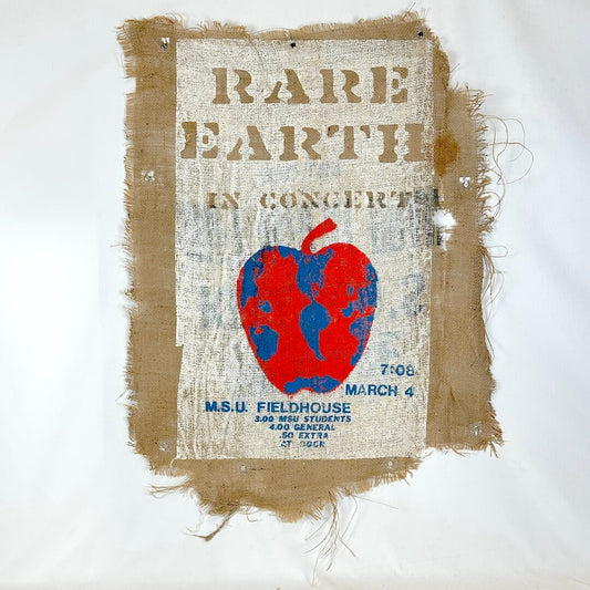 Vintage concert poster for Rare Earth with a red and blue apple graphic on a white background.