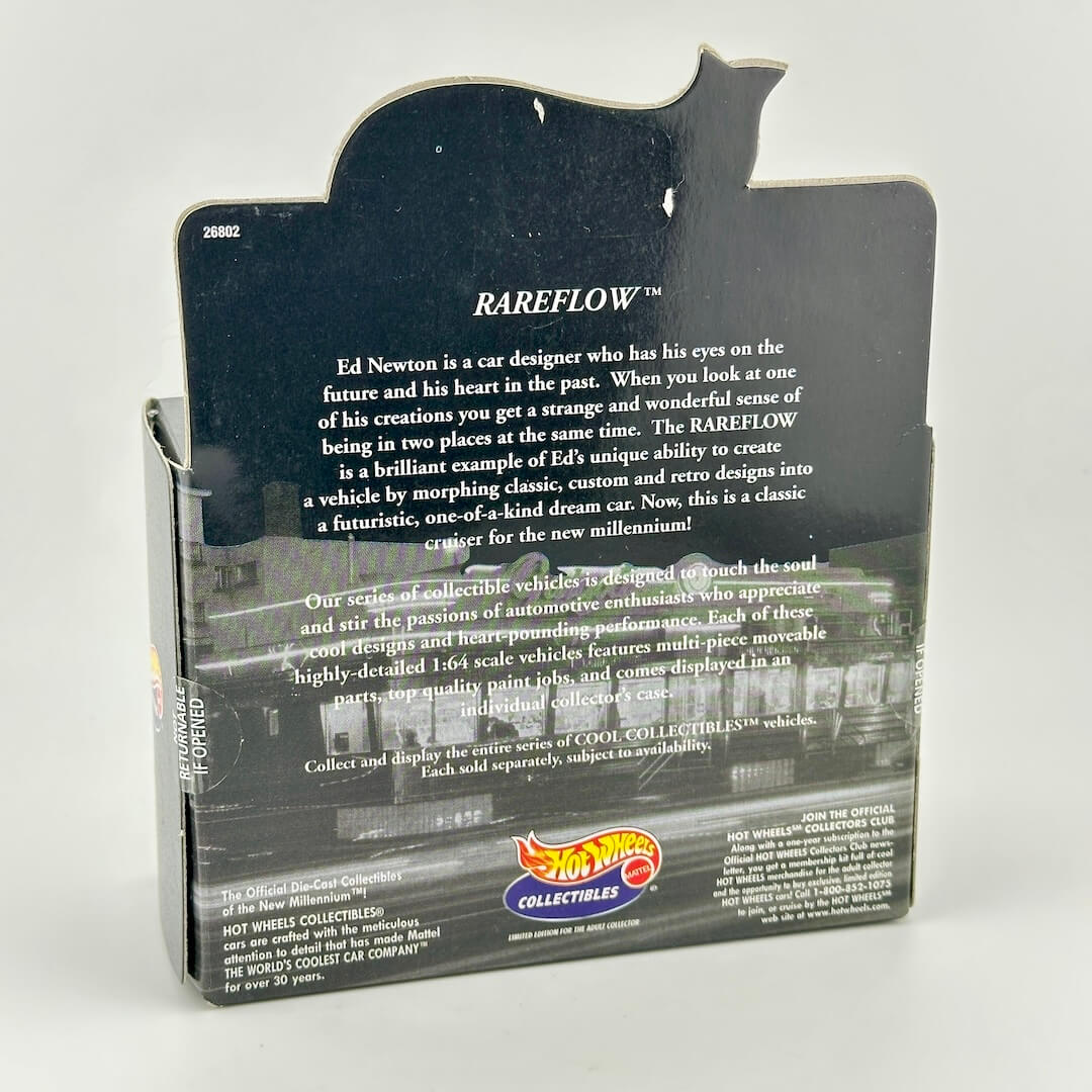 The back of a Hot Wheels Rareflow collectible car packaging box, showing product description text.