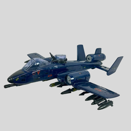 Model of a blue military aircraft on a white background
