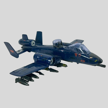 Model of a blue military aircraft on a white background