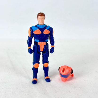 A vintage blue and orange action figure standing next to its detached orange helmet on a plain white background.