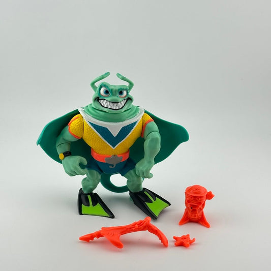 Anthropomorphized stingray in yellow & blue with green flippers, pictured with orange accessories.
