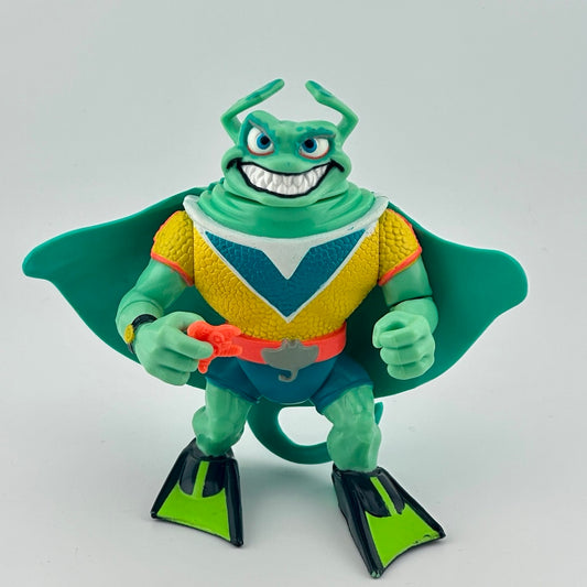 Anthropomorphized stingray wearing yellow shirt, orange belt, blue shorts, green scuba flippers, holding orange starfish. Front.