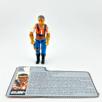 Toy figure of a character from G.I. Joe with a card detailing information about the figure on a white background.