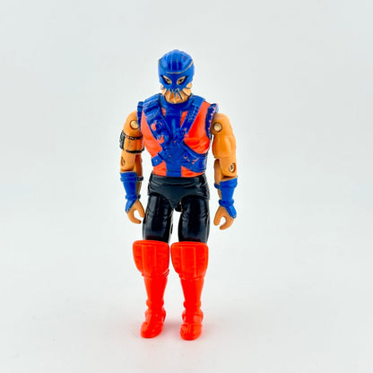 GI Joe action figure of ninja in orange and blue outfit with blue facemask, photographed on white background. 