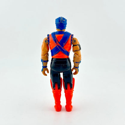 GI Joe action figure of ninja in orange and blue outfit with blue facemask, photographed on white background. 