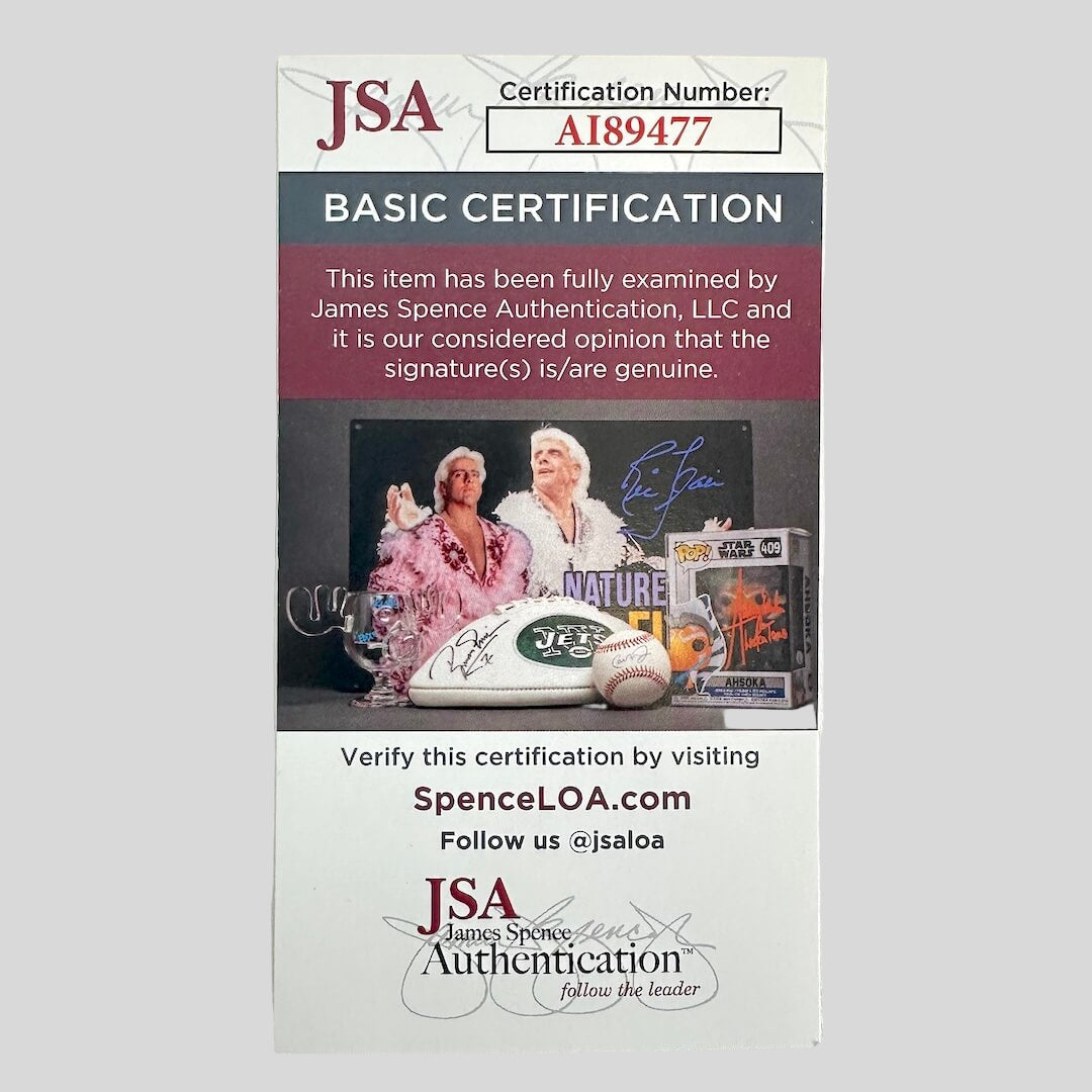 JSA certification card for a signed item with a white background