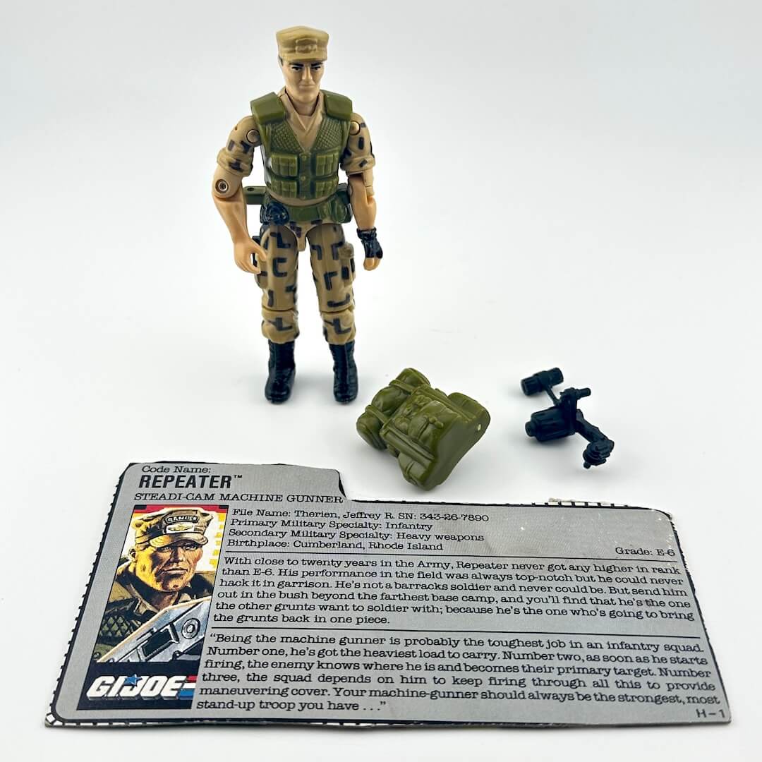 G.I. Joe action figure with accessories and character card against white background