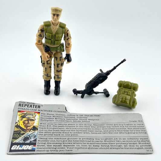 GI Joe action figure with accessories and character card against white background. 