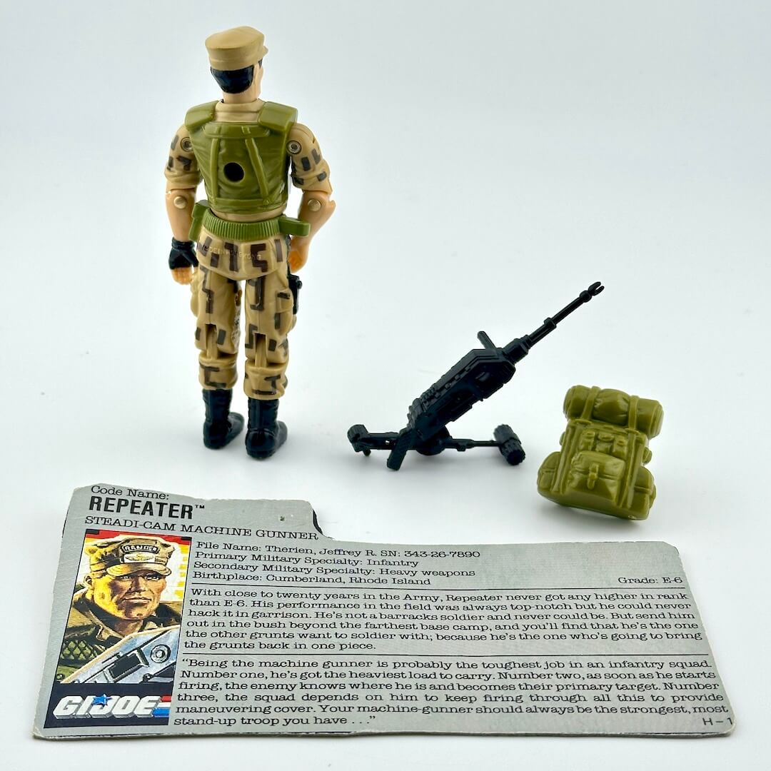 GI Joe action figure with accessories and character card on a white background