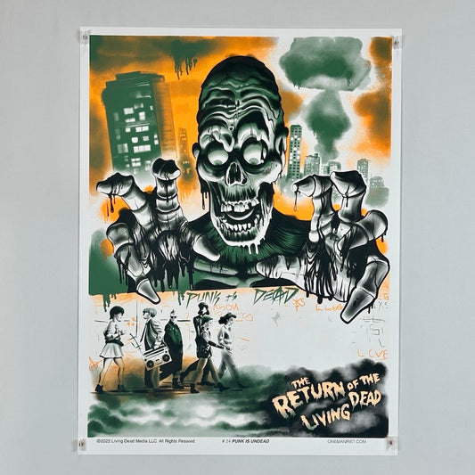 Poster of a skeleton with text 'The Return of the Living Dead' on a cityscape background.