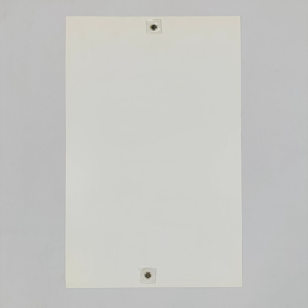 Backside of white poster in mint condition against white background. 
