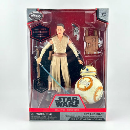 Star Wars Elite Series Rey and BB-8 action figures in original window box packaging, featuring Rey with BB-8.