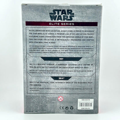 The back of a Star Wars Elite Series collectible figure box, featuring product details for BB-8 in French and English.