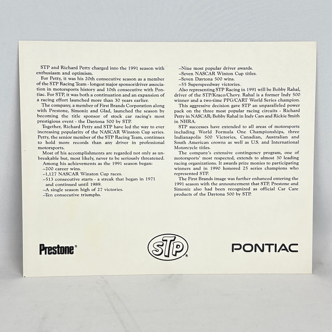 A printed commemorative card celebrating the 1991 season for STP and Richard Petty, featuring black text on a white background.