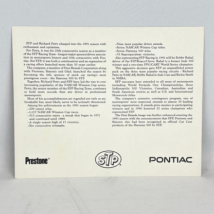 A printed commemorative card celebrating the 1991 season for STP and Richard Petty, featuring black text on a white background.