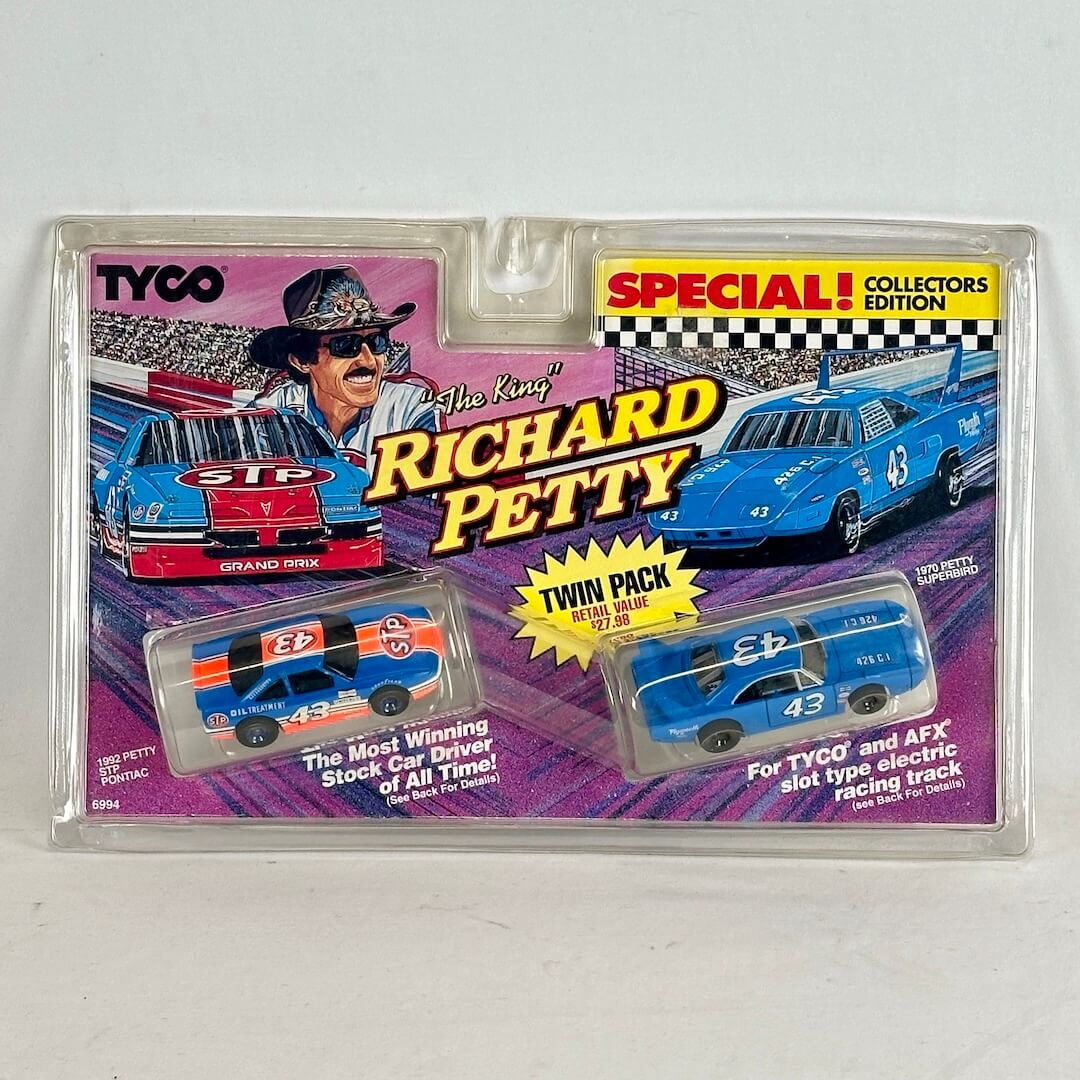 Tyco Richard Petty twin pack slot car set in packaging on a light gray background