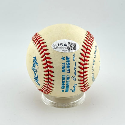 Baseball with Rawlings logo and JSA label on a white background