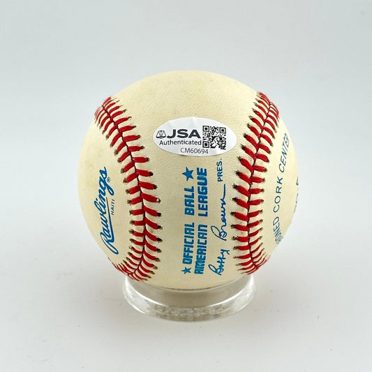 Baseball with Rawlings logo and JSA label on a white background