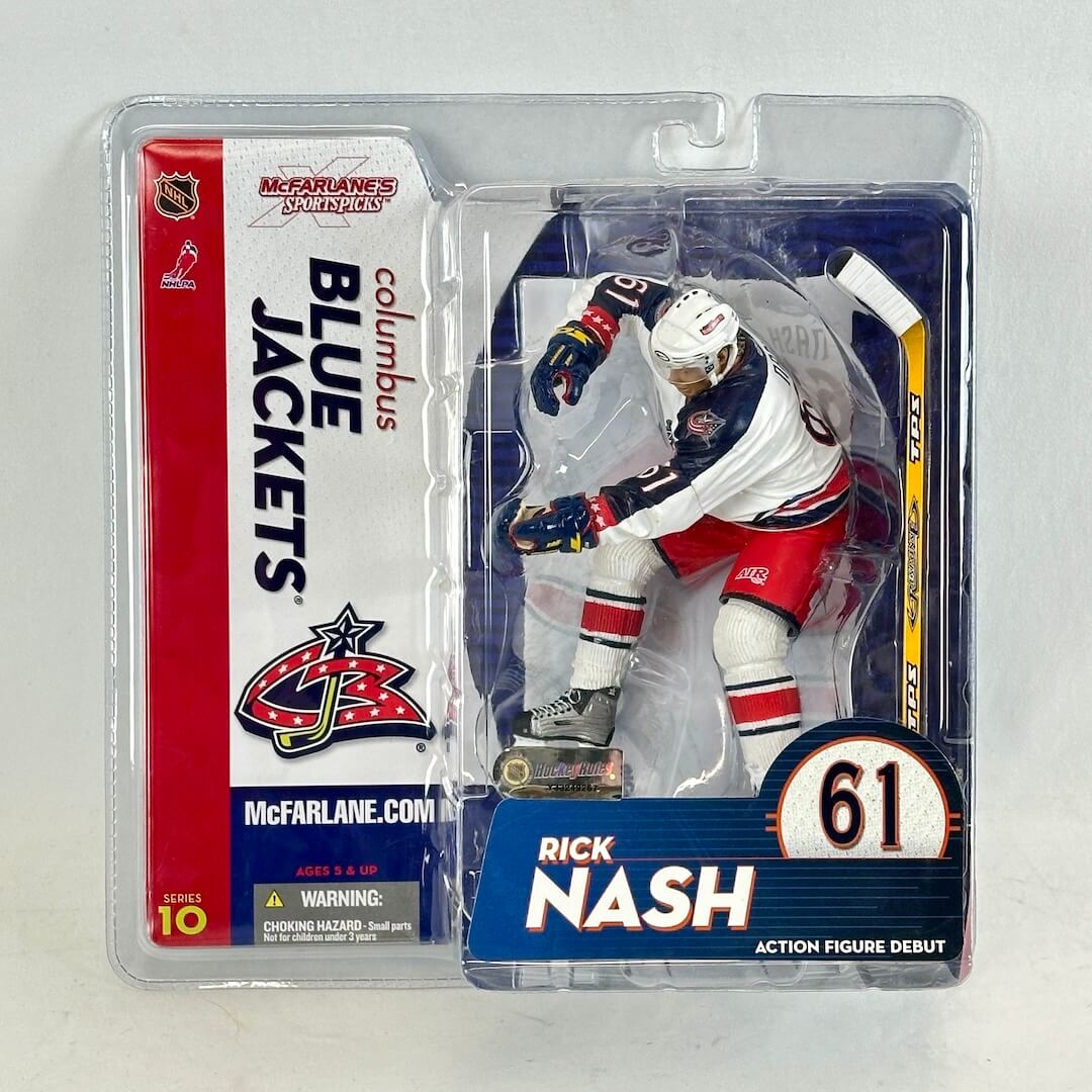 Hockey action figure in packaging with Columbus Blue Jackets branding