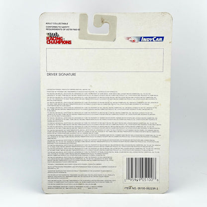 Back of a Racing Champions toy car packaging with text and branding.