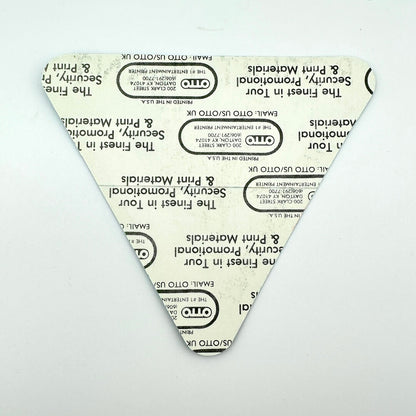 Triangular pass with printed text on intact backing on a white background.