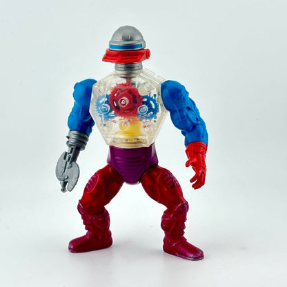 Robot-man action figure with red legs and boots, blue arms and clear chest. 