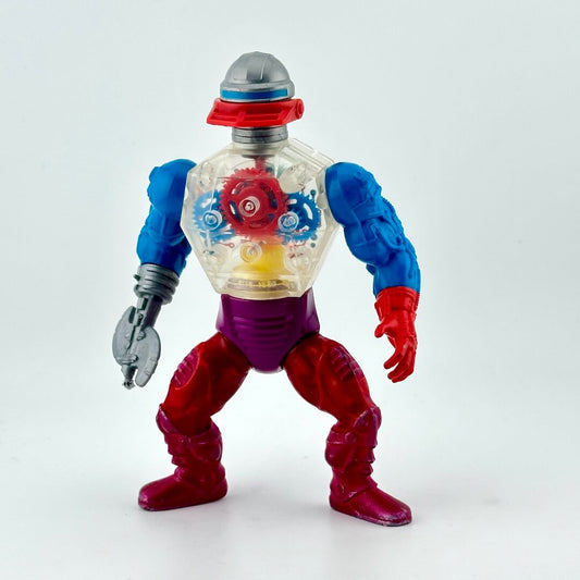Robot-man action figure with red legs and boots, blue arms and clear chest. 