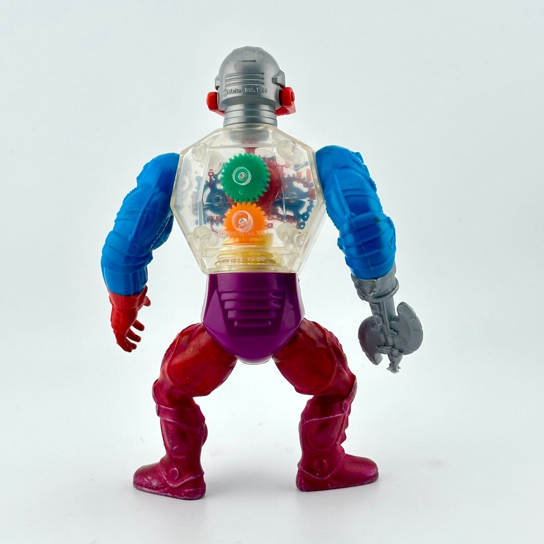 Robot-man action figure with red legs and boots, blue arms and clear chest. 