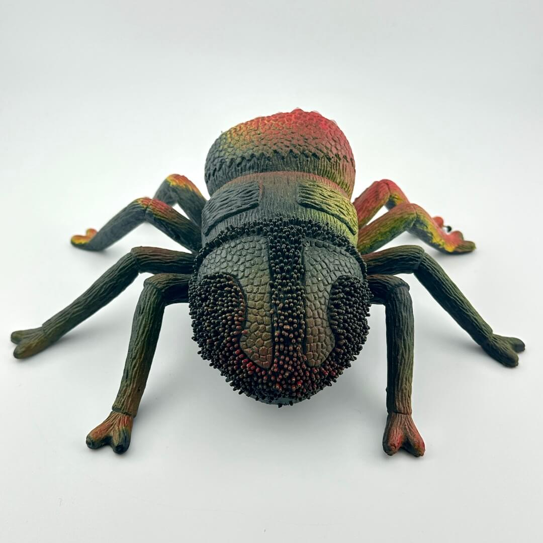 Backside of colorful spider toy showing condition and details. 