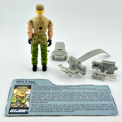 Toy figure with accessories and character card on a white background