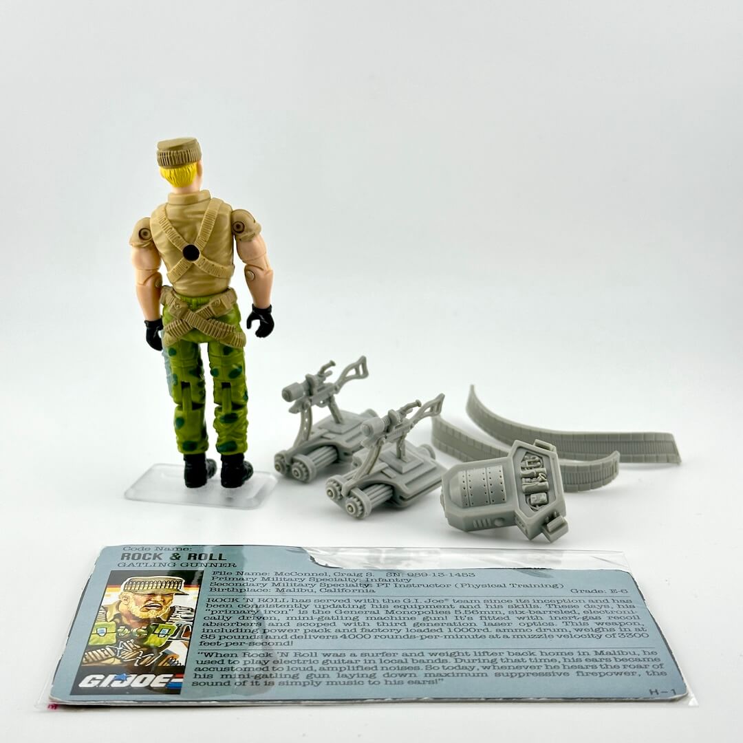 GI Joe action figure with accessories and card against white background. 