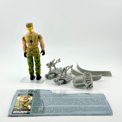 GI Joe action figure with accessories and card against white background. 