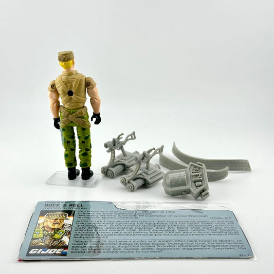 GI Joe action figure with accessories and card against white background. 