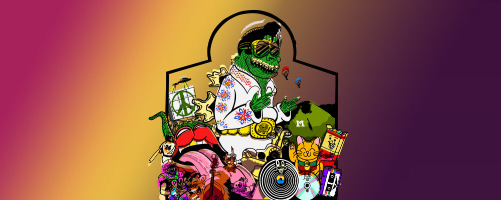 Colorful illustration of a character with a suitcase full of items on a gradient background