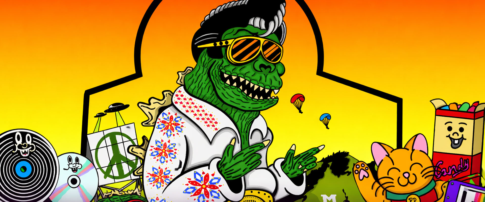 Cartoon green alien in a suit with sunglasses, surrounded by colorful objects on an orange and yellow gradient background.