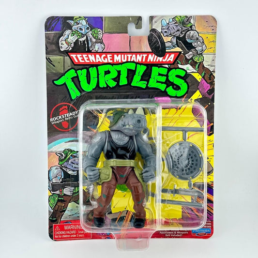 Teenage Mutant Ninja Turtles Rocksteady action figure in original blister card packaging. 