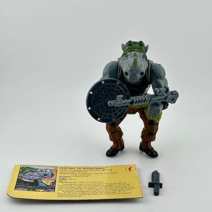 Anthropomorphized Rhino with in brown outfit, grey trash can lid shield, grey gun, and grey knife. With ID card. Front.