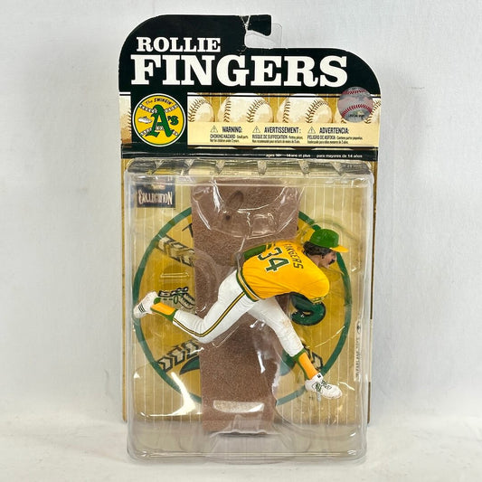 Baseball figure in packaging with 'Rollie Fingers' branding on a white background