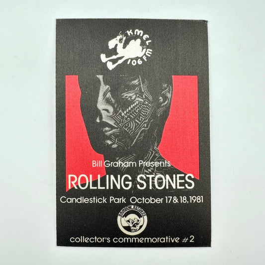 Backstage pass for Rolling Stones with tattooed person as central image and event details in white text. 