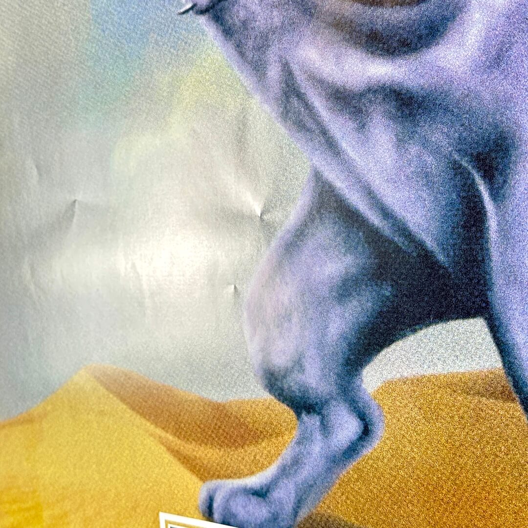 View of poster reflecting light to show dings and creases. 