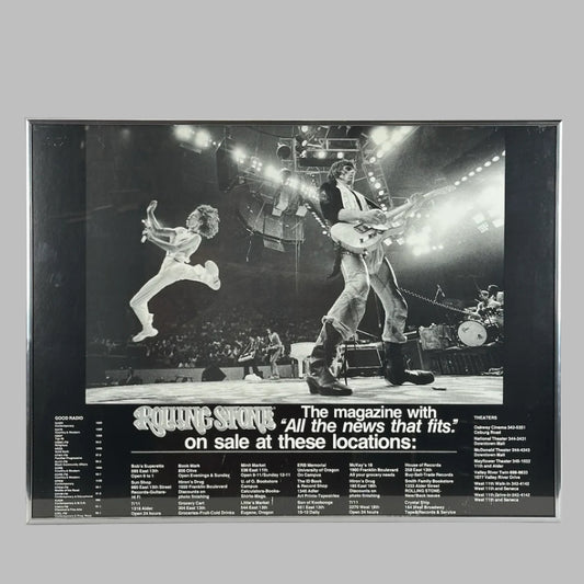 Black & white photo of Rolling Stones performing on stage above white text detailing where to buy Rolling Stones magazine.